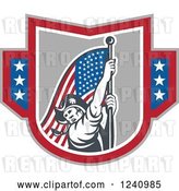 Vector Clip Art of Retro American Revolutionary Soldier Patriot Minuteman Carrying a Flag in a Shield by Patrimonio