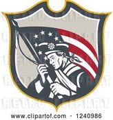 Vector Clip Art of Retro American Revolutionary Soldier Patriot Minuteman with a Flag in a Shield by Patrimonio
