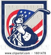 Vector Clip Art of Retro American Revolutionary Soldier Patriot Minuteman with a Hockey Stick Flag in a Crest by Patrimonio