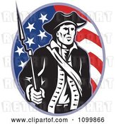 Vector Clip Art of Retro American Revolutionary Soldier Patriot Minuteman with a Musket Bayonet Rifle over a Stars and Stripes Flag Oval by Patrimonio