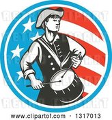 Vector Clip Art of Retro American Revolutionary War Soldier Patriot Minuteman Drummer in a Circle of Stars and Stripes by Patrimonio