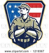Vector Clip Art of Retro American Solider with Folded Arms over an American Flag Shield by Patrimonio