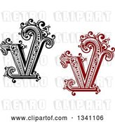 Vector Clip Art of Retro and Red Capital Letter V with Flourishes by Vector Tradition SM