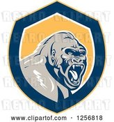 Vector Clip Art of Retro Angry Gorilla Screaming in a Yellow White and Blue Shield by Patrimonio