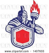 Vector Clip Art of Retro Angry Greek Warrior Holding a Flaming Torch and Shield by Patrimonio