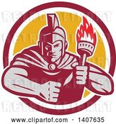 Vector Clip Art of Retro Angry Greek Warrior Holding a Flaming Torch, with a Balled Fist in a Red White and Yellow Circle by Patrimonio