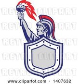 Vector Clip Art of Retro Angry Greek Warrior Holding up a Flaming Torch and Shield by Patrimonio