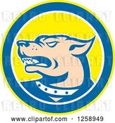 Vector Clip Art of Retro Angry Guard Dog in a Yellow Blue and White Circle by Patrimonio