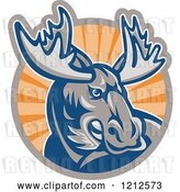 Vector Clip Art of Retro Angry Moose over a Circle of Orange Rays by Patrimonio