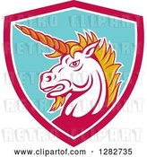Vector Clip Art of Retro Angry Unicorn Head in a Pink White and Turquoise Shield by Patrimonio