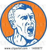 Vector Clip Art of Retro Angry Yelling Guy in a Blue White and Orange Circle by Patrimonio