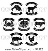 Vector Clip Art of Retro Animal Meat Food Labels - Black and White Versions by AtStockIllustration