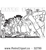 Vector Clip Art of Retro Annoyed Chaperone Watching a Teenage Couple Swooning at a Diner in Black and White by Picsburg