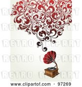 Vector Clip Art of Retro Antique Phonograph with Red Swirly Vines by OnFocusMedia
