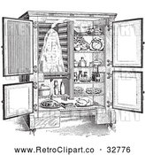 Vector Clip Art of Retro Antique Refrigerator with an Ice Compartment and Air Flow Shown, in Black and White by Picsburg