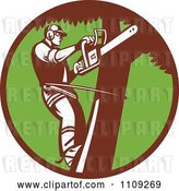 Vector Clip Art of Retro Arborist Tree Trimmer Using a Saw in a Green Circle by Patrimonio