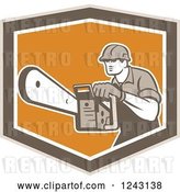 Vector Clip Art of Retro Arborist Using a Chainsaw in an Orange and Brown Shield by Patrimonio