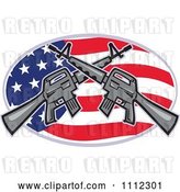 Vector Clip Art of Retro Armalite M-16 Colt Ar-15 Assault Rifles Crossed over an American Flag Oval by Patrimonio