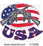 Vector Clip Art of Retro Armalite M-16 Colt Ar-15 Assault Rifles Crossed over an American Flag Oval with USA Text by Patrimonio