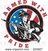 Vector Clip Art of Retro Armed with Pride Text Around a Revolutionary War Soldier Holding a Rifle over an American Flag by Patrimonio