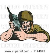 Vector Clip Art of Retro Army Soldier Using Radio by Patrimonio