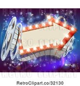 Vector Clip Art of Retro Arrow Marquee Theater Sign with Light Bulbs, Film Reels and Clapper Board over Magical Lights by AtStockIllustration
