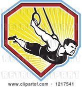 Vector Clip Art of Retro Athletic Guy on the Still Rings over a Shield of Ray by Patrimonio