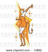 Vector Clip Art of Retro Attractive Lady in a Tight Orange Dress, Gloves and Tall Boots and Forked Devil Tail, Dancing While Drinking at a Halloween Party by Andy Nortnik