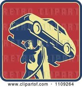 Vector Clip Art of Retro Auto Mechanic Working on a Car on a Lift on a Red Square by Patrimonio