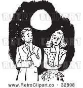 Vector Clip Art of Retro Awkward Teenage Couple Thinking Under a Full Moon in Black and White by Picsburg