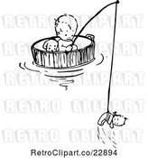 Vector Clip Art of Retro Baby Floating and Fishing in a Barrel by Prawny Vintage