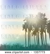 Vector Clip Art of Retro Background of Lighting Effects with Silhouetted Palm Trees Against a Blue Sunset with Light Flares and Grass by KJ Pargeter