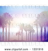 Vector Clip Art of Retro Background of Silhouetted Palm Trees on a Beach Against a Blurred Misty Ocean with Sunset Flares by KJ Pargeter