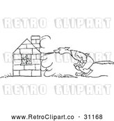 Vector Clip Art of Retro Bad Wolf Trying to Blow down a Pigs House of Bricks by Prawny Vintage