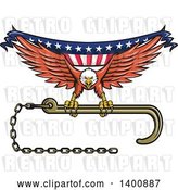 Vector Clip Art of Retro Bald Eagle Flying with a Towing J Hook and American Flag Banner by Patrimonio