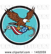 Vector Clip Art of Retro Bald Eagle Flying with a Towing J Hook and an American Flag Banner by Patrimonio