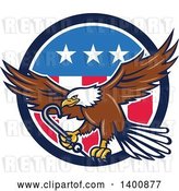 Vector Clip Art of Retro Bald Eagle Flying with a Towing J Hook over an American Circle by Patrimonio