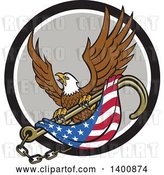 Vector Clip Art of Retro Bald Eagle Flying with an American Flag and Towing J Hook in a Black White and Gray Circle by Patrimonio