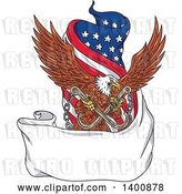 Vector Clip Art of Retro Bald Eagle Flying with Towing J Hooks over a Blank Ribbon Banner and American Flag by Patrimonio