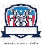 Vector Clip Art of Retro Bald Eagle Flying with Towing J Hooks over an American Shield with a Blank Banner by Patrimonio