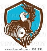 Vector Clip Art of Retro Bald Eagle Holding a Beer Keg and Emerging from a Shield by Patrimonio