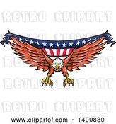 Vector Clip Art of Retro Bald Eagle Swooping with an American Flag Banner by Patrimonio