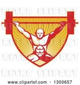 Vector Clip Art of Retro Bald Male Bodybuilder Squatting and Lifting a Barbell over a Red and Orange Shield of Rays by Patrimonio