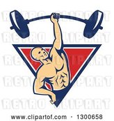 Vector Clip Art of Retro Bald White Male Bodybuilder Lifting a Barbell One Handed and Emerging from a Blue White and Red Triangle by Patrimonio