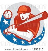 Vector Clip Art of Retro Ball Flying at a Male Baseball Player Batting Inside an American Circle by Patrimonio