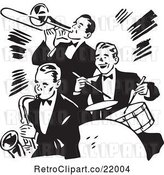 Vector Clip Art of Retro Band of Three Gentlemen Playing a Trumpet, Saxophone and Drums by BestVector