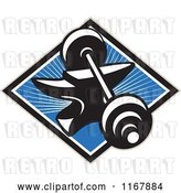 Vector Clip Art of Retro Barbell Resting on an Anvil in a Diamond of Rays on Blue by Patrimonio