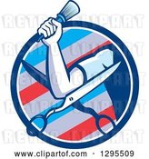 Vector Clip Art of Retro Barber Arm Holding a Brush over Scissors in a Barber Pole Circle by Patrimonio