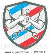 Vector Clip Art of Retro Barber Arms Holding a Brush and Comb over Scissors in a White Blue and Red Barber Pole Shield by Patrimonio