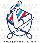 Vector Clip Art of Retro Barber's Hand Holding a Brush on Open Scissors in a Ray and Stripe Shield by Patrimonio